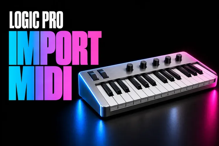 Logic Pro import MIDI cover with a silver MIDI keyboard controller