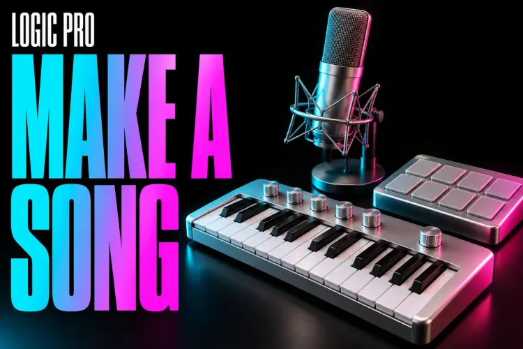 Logic Pro make a song cover with a silver keyboard controller, condenser microphone and drum pads