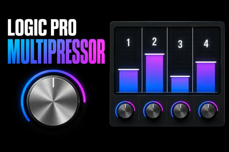 Dark graphic with the words Logic Pro Multipressor, a silver knob and a plug-in display split into four numbered frequency bands, each with a glowing level bar