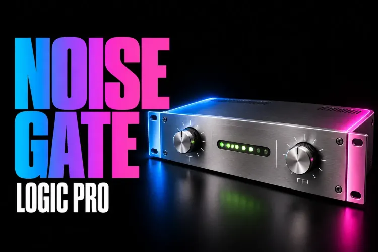 Logic Pro Noise Gate cover with a silver studio dynamics unit, two knobs and green signal LEDs