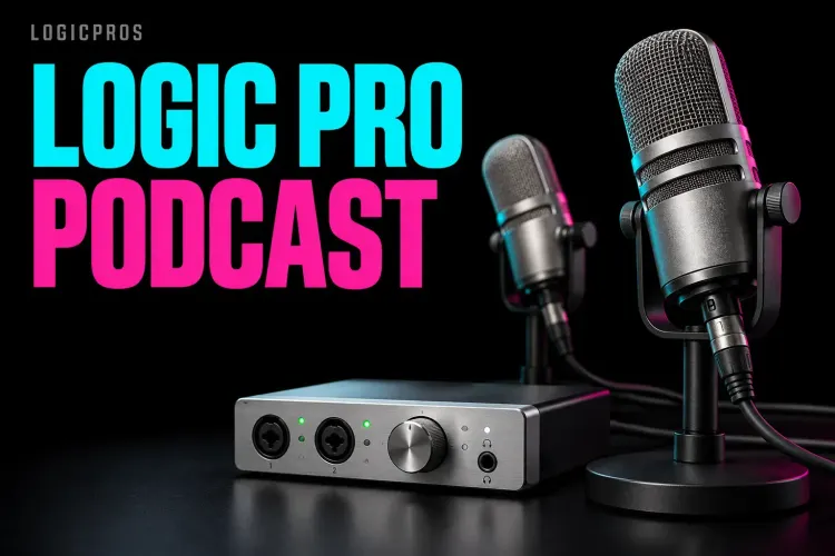 Logic Pro podcast cover with two silver microphones and a two-input audio interface against a black background