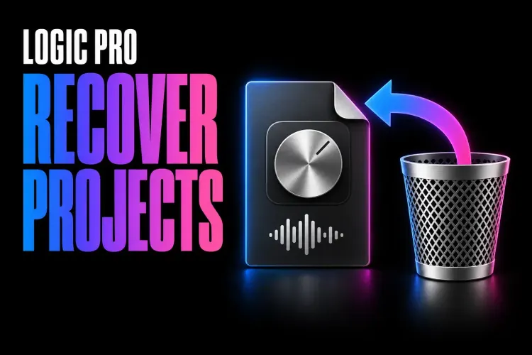 Logic Pro Recover Projects cover with a project document, a silver Trash basket and a return arrow on a black background