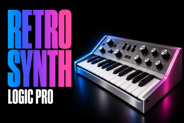 Logic Pro Retro Synth cover with a silver synthesizer, piano keys and control knobs