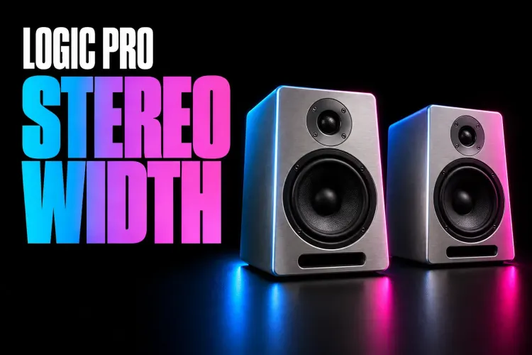 Logic Pro stereo width cover with two silver studio monitor speakers