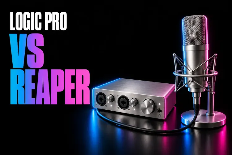 Logic Pro versus REAPER cover with a silver microphone and two-input audio interface