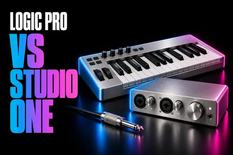 Logic Pro versus Studio One cover with a silver music keyboard and audio interface