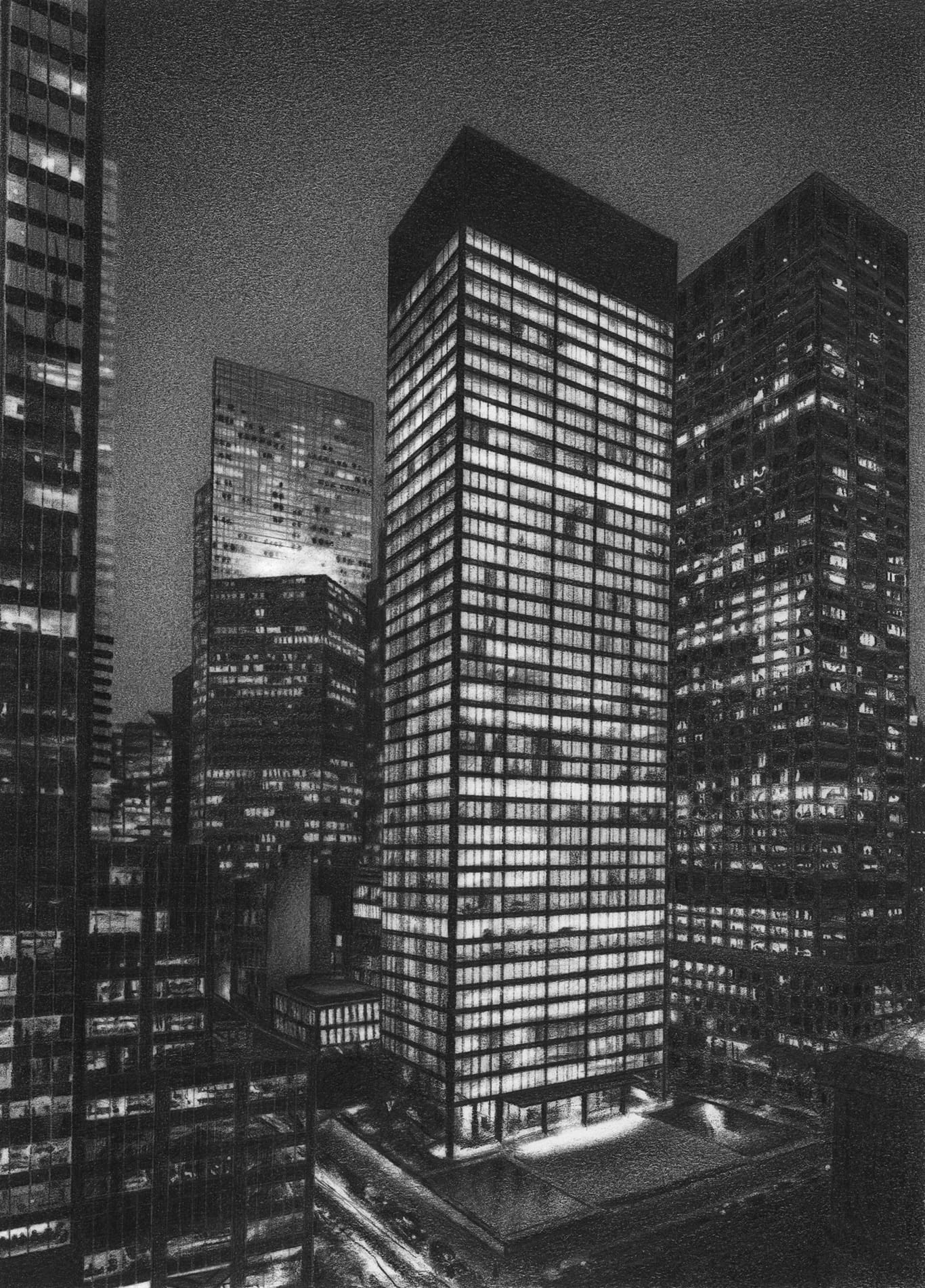 The Seagram Building at night, graphite on paper.