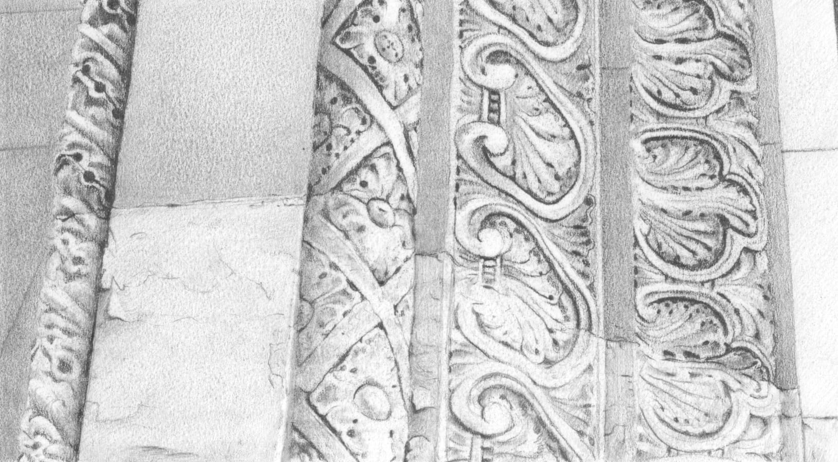 The seam between old and new, in the archway at 50 W 4th St, graphite on paper.