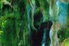 Abstract work with flowing streams of green river-like currents, accented by swirls of yellow, light blue, and ochre. The middle lower part of the work exposes a defined dark area.
