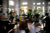 An apartment decorated with antique furniture and large plants is filled with colorful balloons