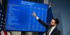 New York City Mayor Zohran Mamdani points at a TV screen displaying his May 2026 financial plan