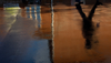 The shadow of a building and a figure walking by it is reflected in a puddle on the ground