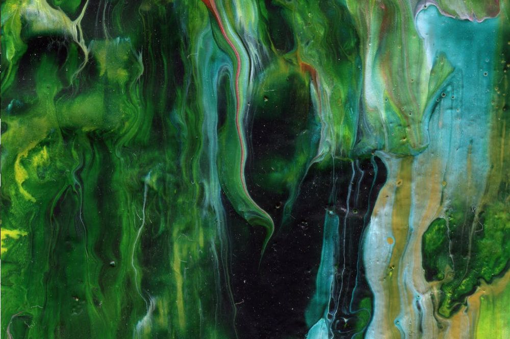 Abstract work with flowing streams of green river-like currents, accented by swirls of yellow, light blue, and ochre. The middle lower part of the work exposes a defined dark area.