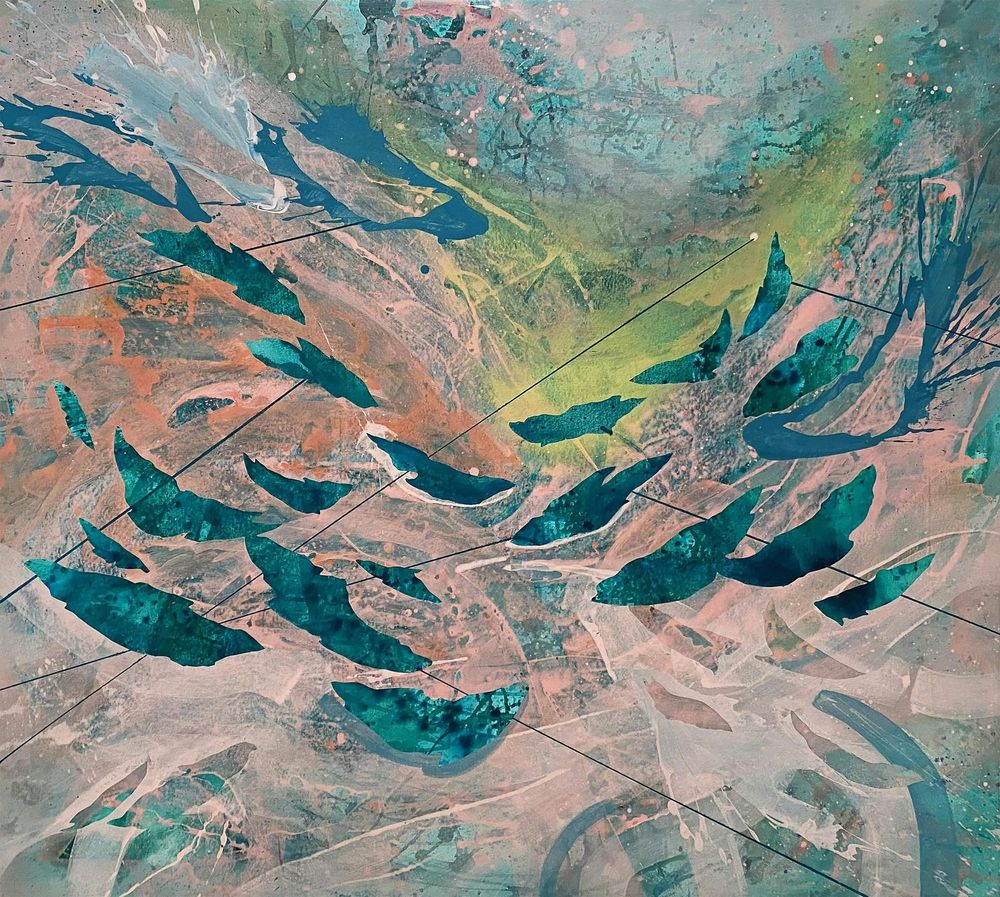 Abstract painting with hazy green-blue forms and transparent patches of peach, pink, yellow, and blue.
