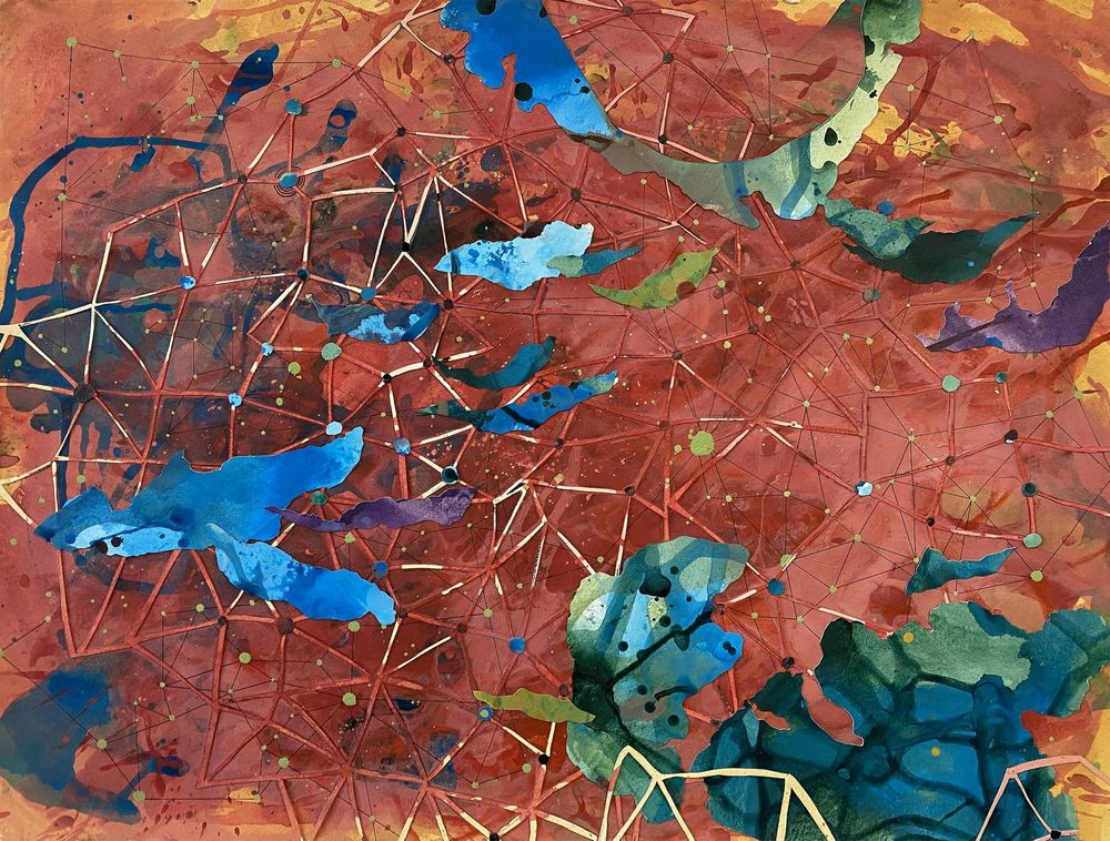 Abstract composition of a red background with bright geometric lines connecting colorful dots, and large multi-colored splotches of blue, green, and purple that span the work.
