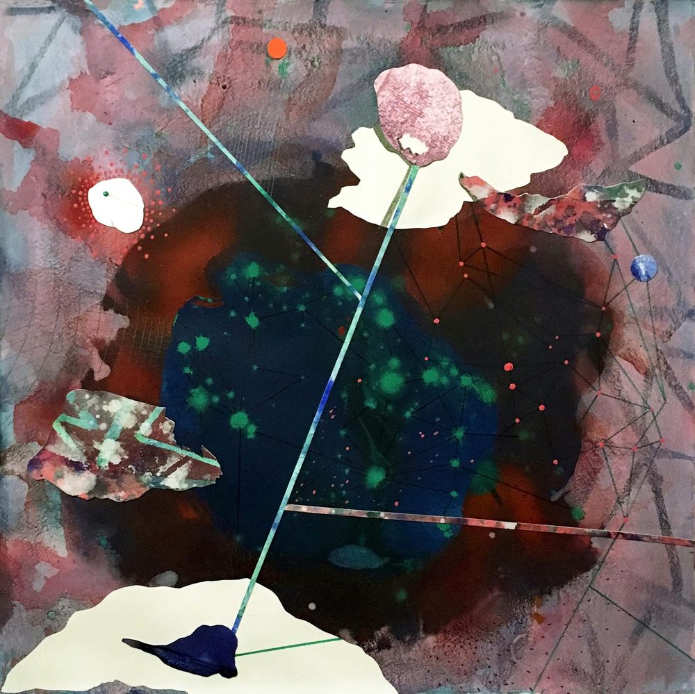 Abstract work with a dark blue center and green dots encircled by a dark red area with bright red dots.