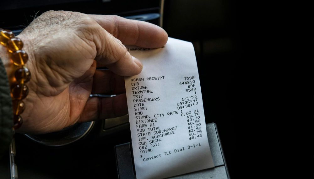 Taxi driver Wain Chin holds a receipt with a $2.50 congestion surcharge in Manhattan on the first day of New York City's congestion pricing