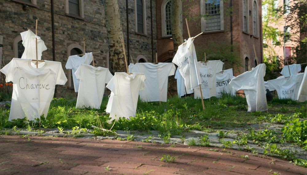 St. Mark’s Church in-the-Bowery contains 98 crosses with white T-shirts bearing the names of people who died from gunshots