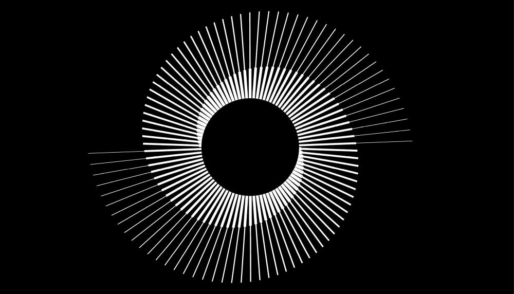 A radial pattern of white lines spiraling on a black background