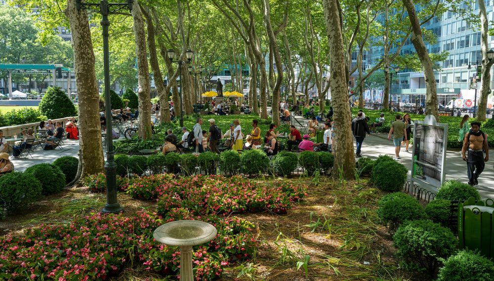A wide shot of people sitting at tables in Bryant Park on a spring day with a manicured bed of pink flowers in the foreground of the image