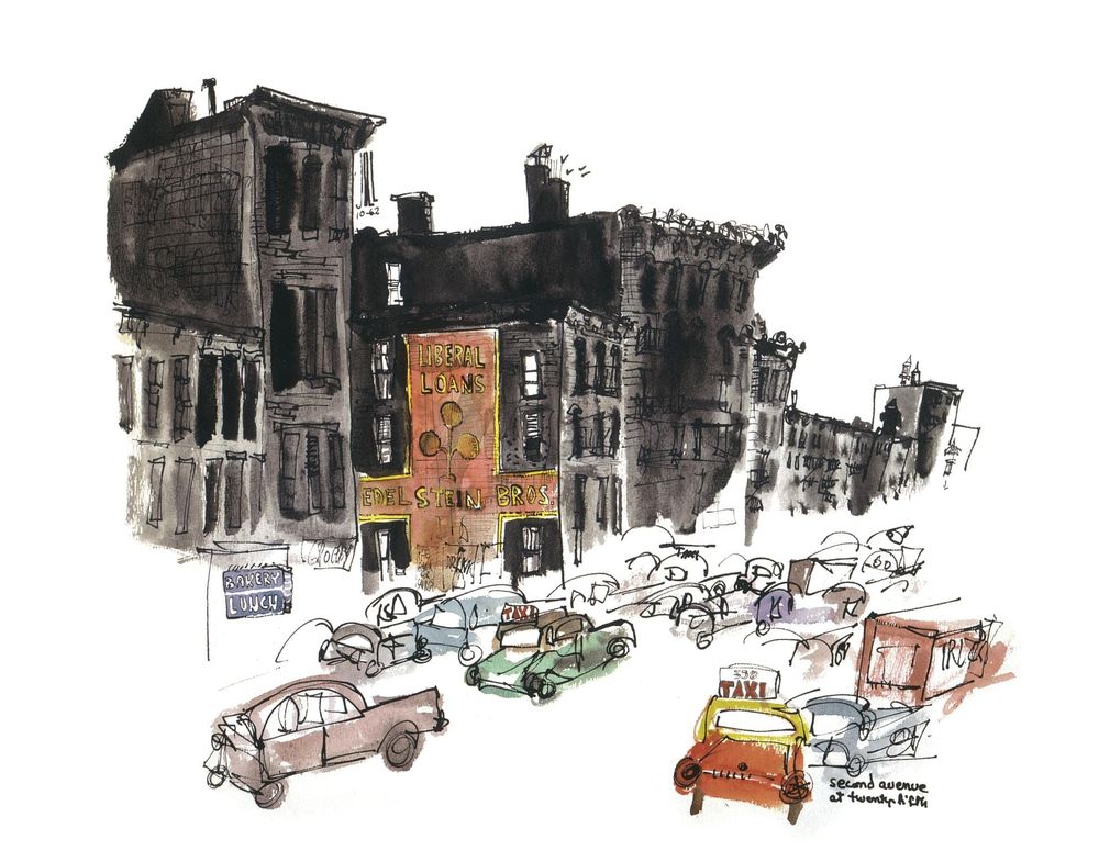 A watercolor illustration of cars driving down Second Avenue in Manhattan