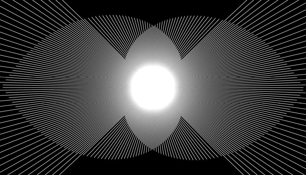 An abstract graphic of white radiating lines converging on a bright center