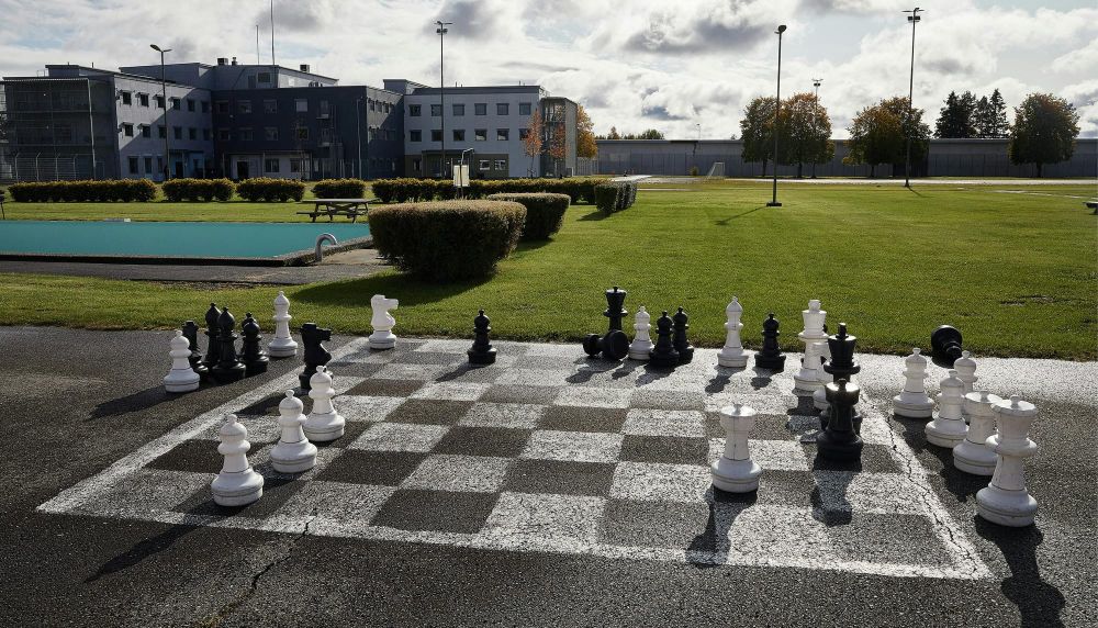 A giant chess set on the grounds of the Romerike prison outside of Oslo