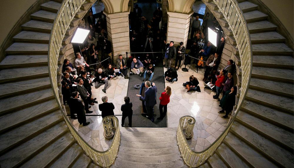 Mayor Bill de Blasio and City Council Speaker Melissa Mark-Viverito discuss their plan to shut the Rikers Island Prison Complex during a news conference at New York City Hall in New York