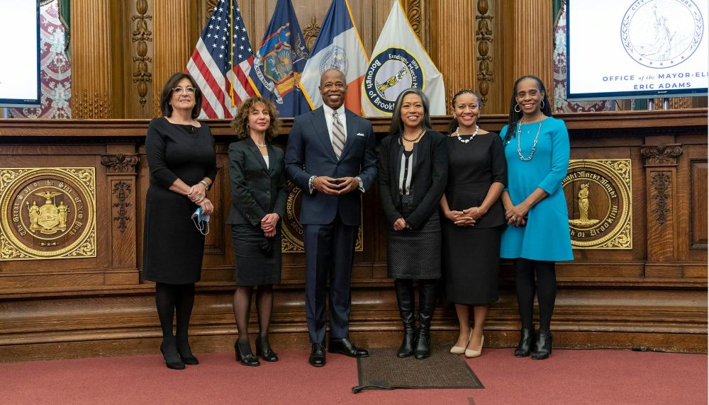 Then-mayor-elect Eric Adams poses with five women to be appointed as his deputies. From L-R: Lorraine Grillo, Meera Joshi, Eric Adams, Maria Torres-Springer, Sheena Wright, Anne Williams-Isom