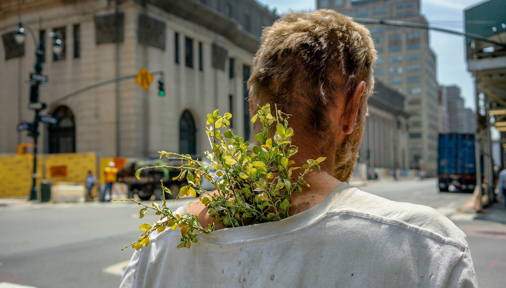 A disheveled man is seen from behind with a bouquet of clovers stuffed inside his shirt