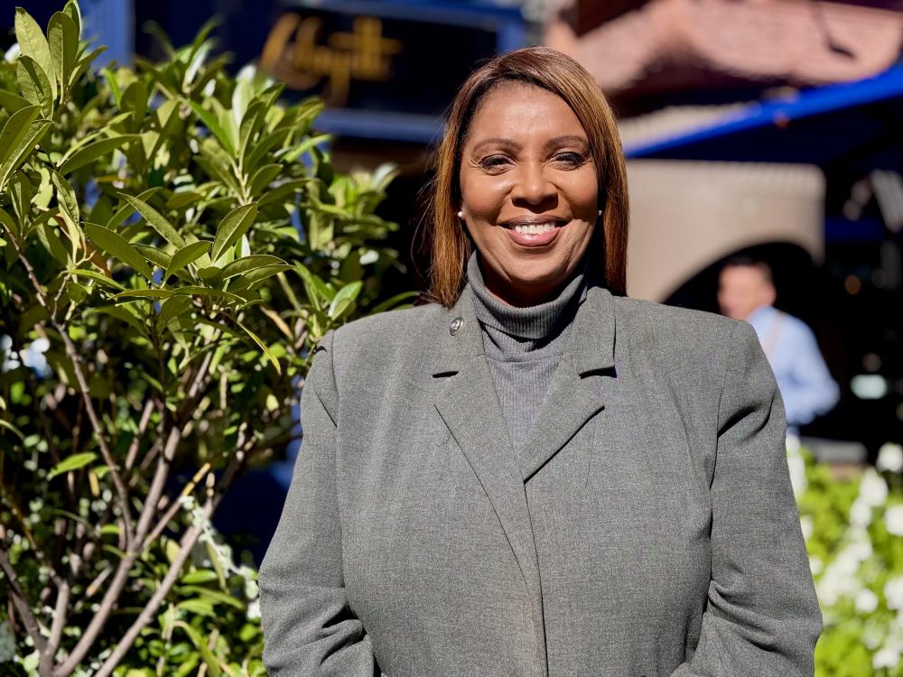 Letitia James in a gray coat and turtleneck on a sunny street beside a leafy shrub