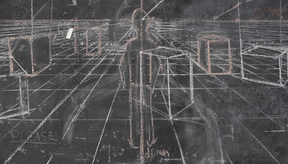Chalkboard with perspective-grid lines and a faint outlined figure at center