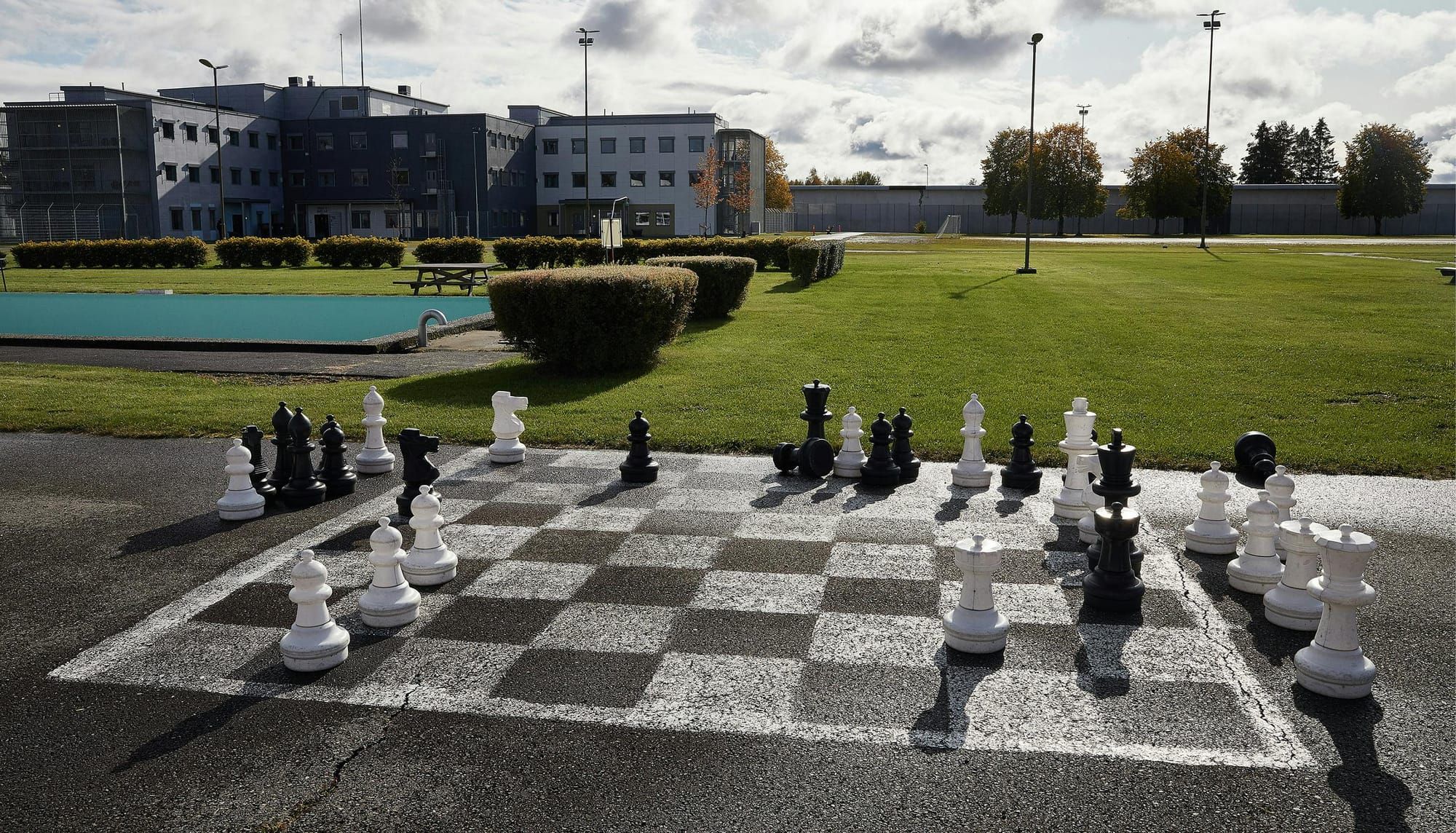 A giant chess set on the grounds of the Romerike prison outside of Oslo
