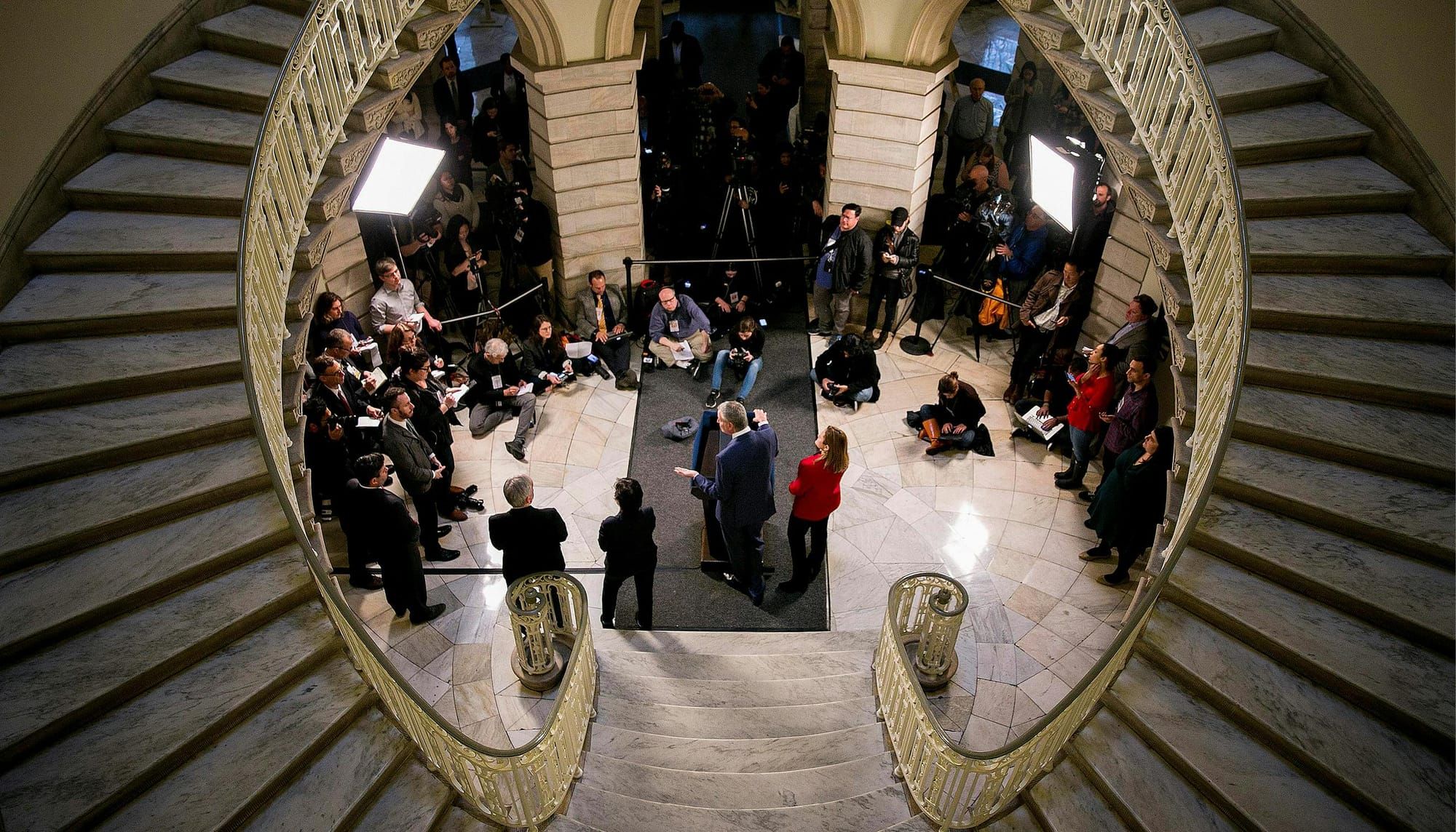 Mayor Bill de Blasio and City Council Speaker Melissa Mark-Viverito discuss their plan to shut the Rikers Island Prison Complex during a news conference at New York City Hall in New York