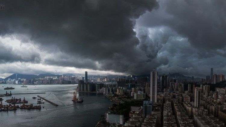 New York City waterfront  during a thunderstorm