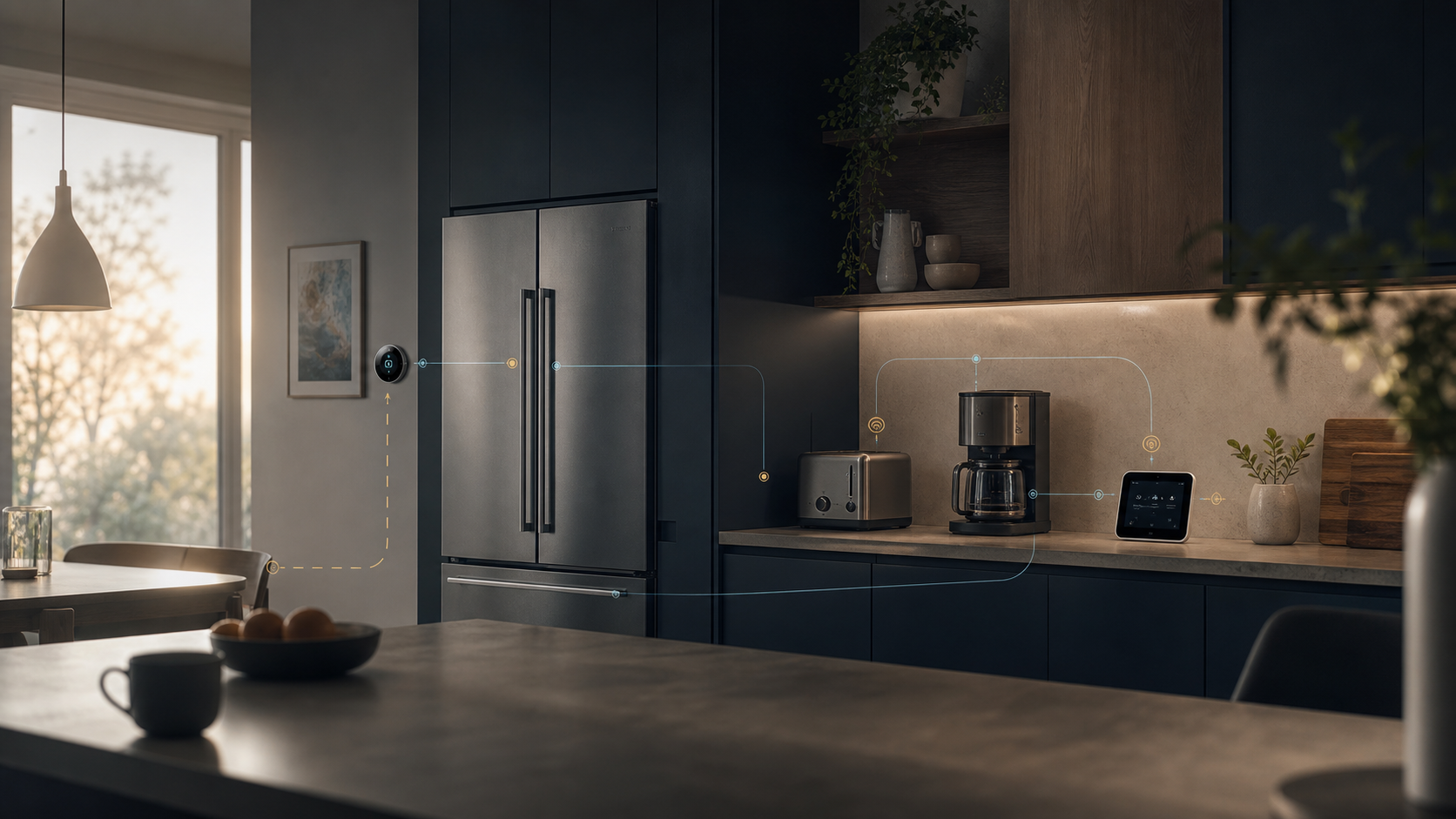 Modern kitchen with a refrigerator, toaster, coffee maker, thermostat, and home energy display connected by subtle blue and gold signal lines.