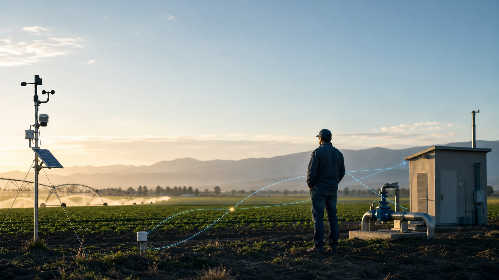 Dawn over an irrigated farm with a weather station, soil sensor, irrigation pump, and agronomist connected by subtle blue signal lines.