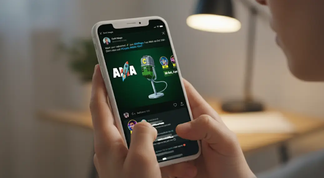 Image showing a woman doom scrolling her X timeline and seeing a banner advertisement for an upcoming AMA