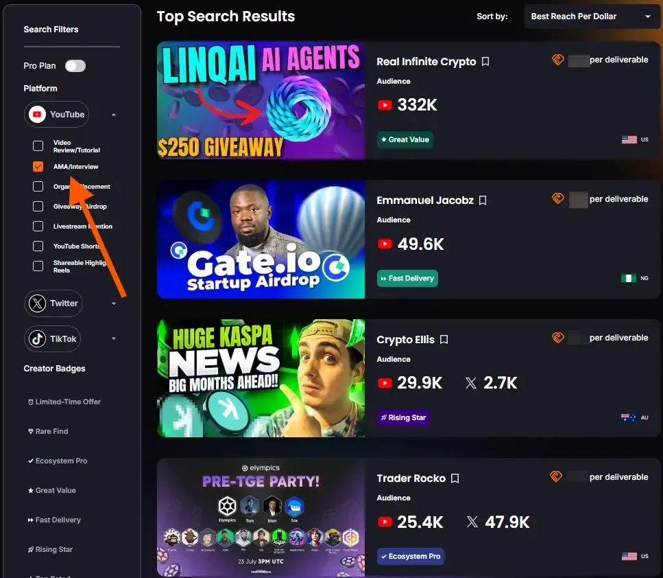 Picture of the marketplace that shows how to use Lever to sort creators by AMA services.