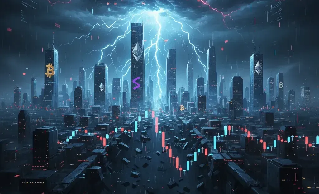 Molten charts reforming into golden streams, illustrating the leverage purge and market reset after cascading liquidations.