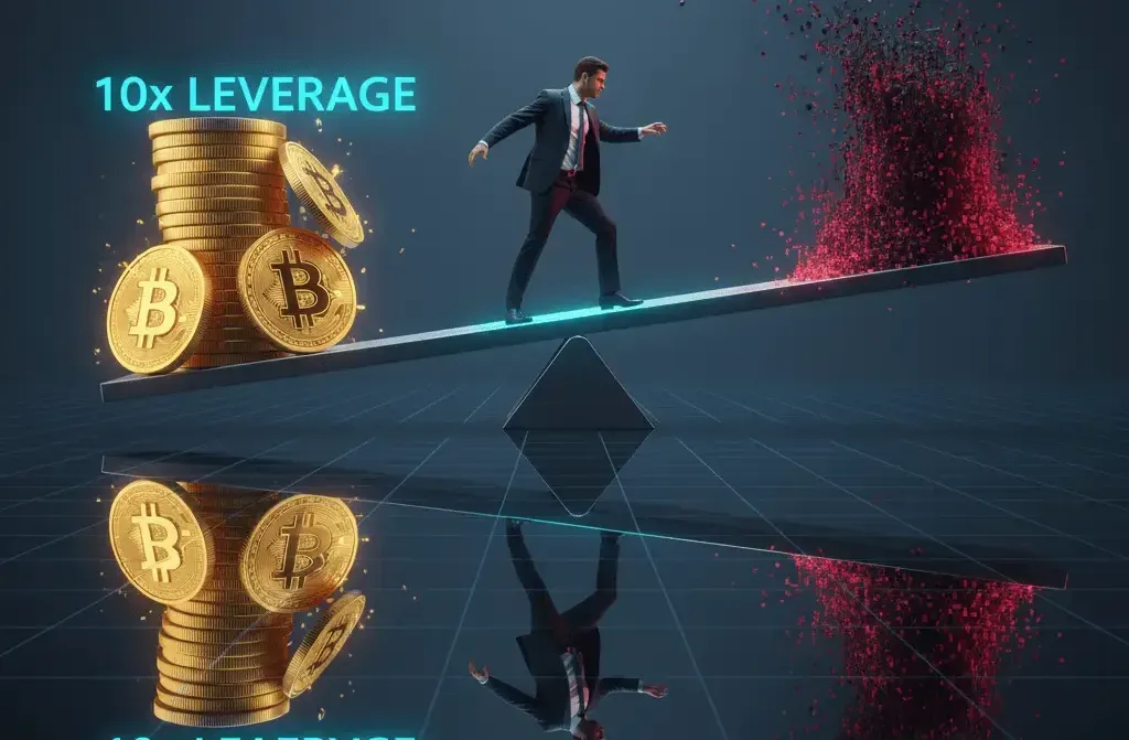 A lone figure balancing on a narrow beam of data, illustrating the dangers of 10x leverage in cryptocurrency trading.
