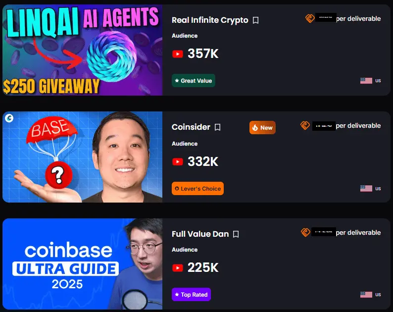 crypto-influencer-marketing-hire-youtube-KOLs-lever-io-screenshot