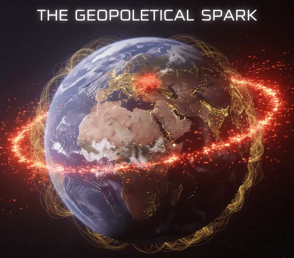Glowing Earth seen from space with red shockwaves spreading across data lines, representing geopolitical triggers behind the crash.