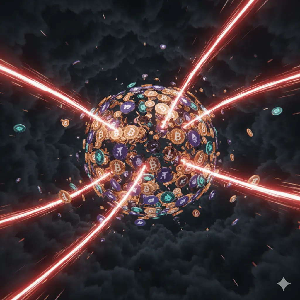 A glowing red spark igniting a digital explosion, representing the October 2025 “tariff nuke” that triggered record liquidations.