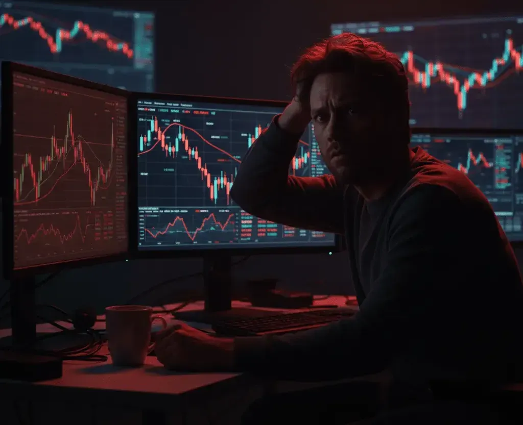 Silhouette of a trader surrounded by collapsing charts on glowing monitors during the crypto market crash.