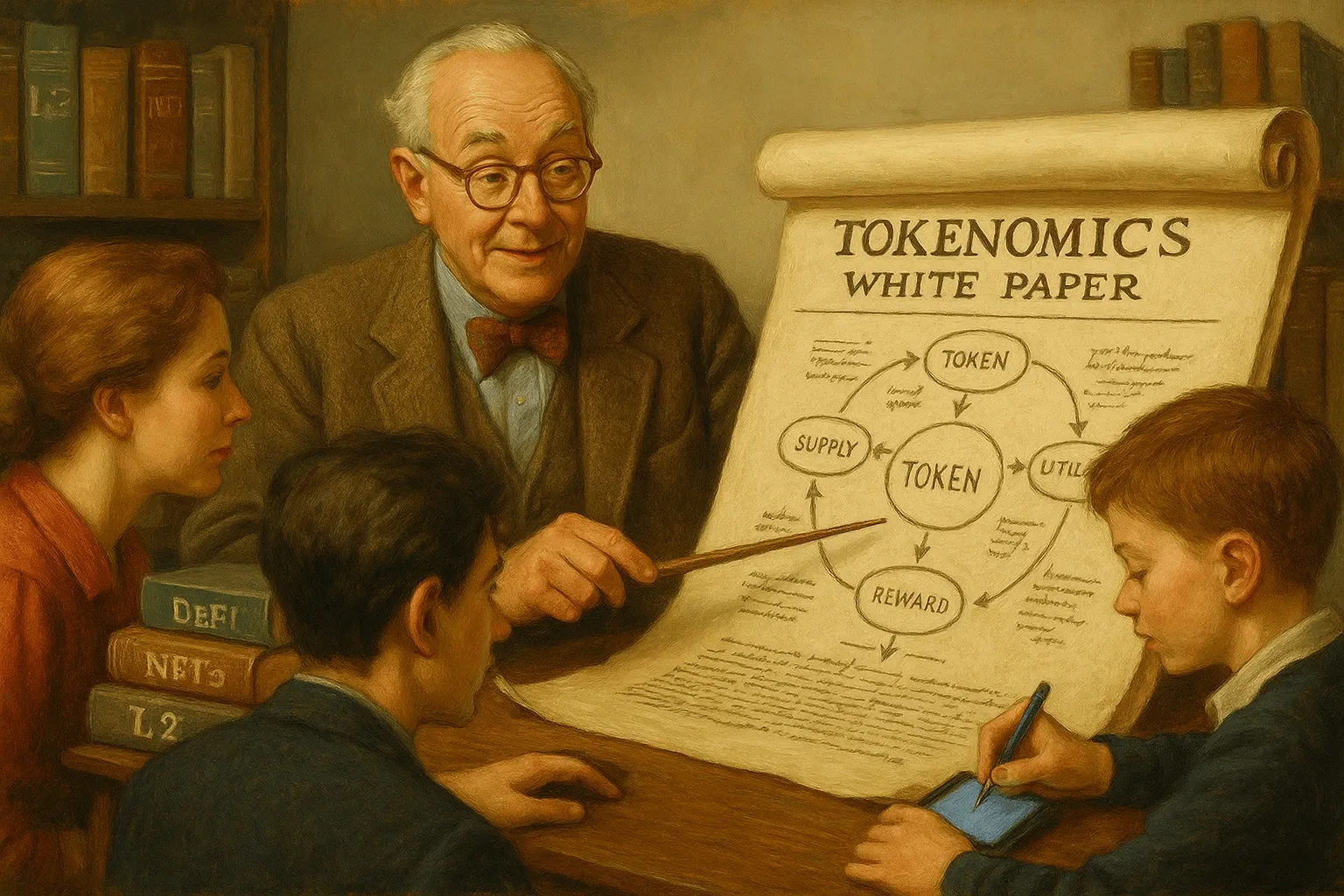 Micro KOL teaching tokenomics to engaged learners — representing educational, trust-based influencer marketing in crypto and DeFi sectors.