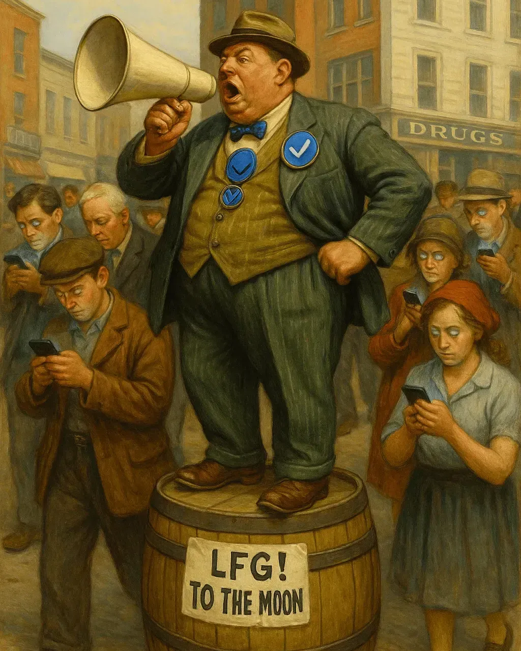 Crypto marketer shouting while people scroll their phones — symbolizing the end of hype-based influencer marketing in Web3 and rise of authentic campaigns.