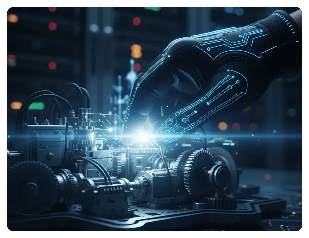 AI-enhanced robotic hand interacting with digital circuits, symbolizing AI and blockchain convergence in Web3 innovation.