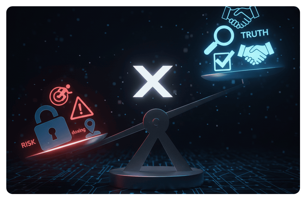 Graphic showing the balance between risk and truth on twitter or x with new location feature