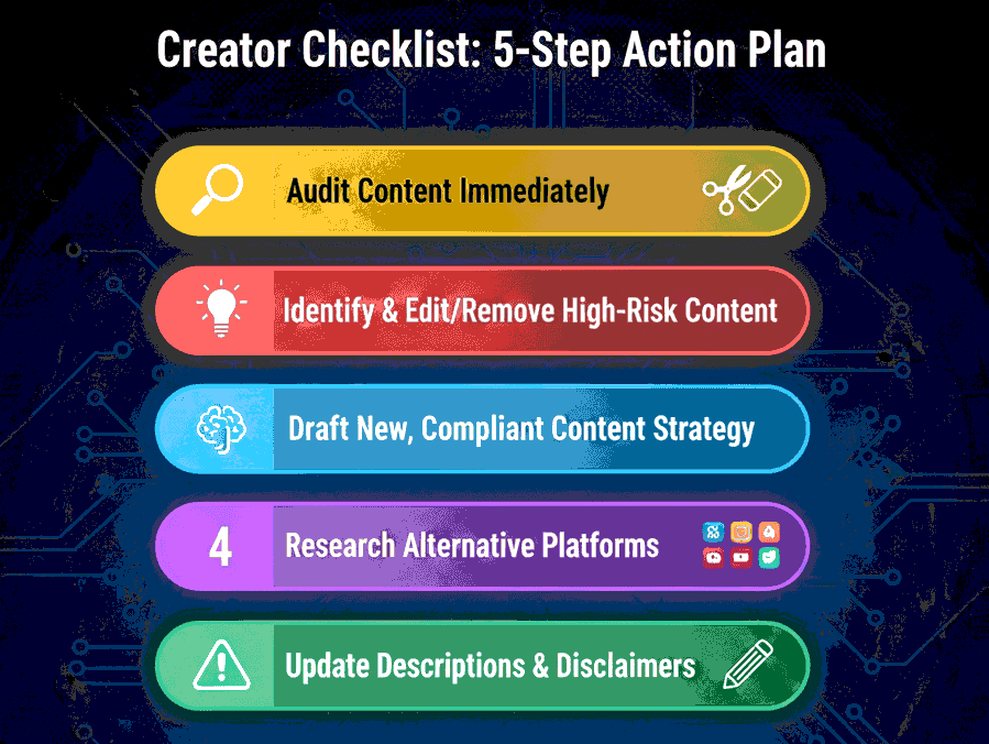 5-Step Creator Checklist infographic: Audit content, remove high-risk content, draft new strategy, research alternative platforms, and update disclaimers for policy compliance.
